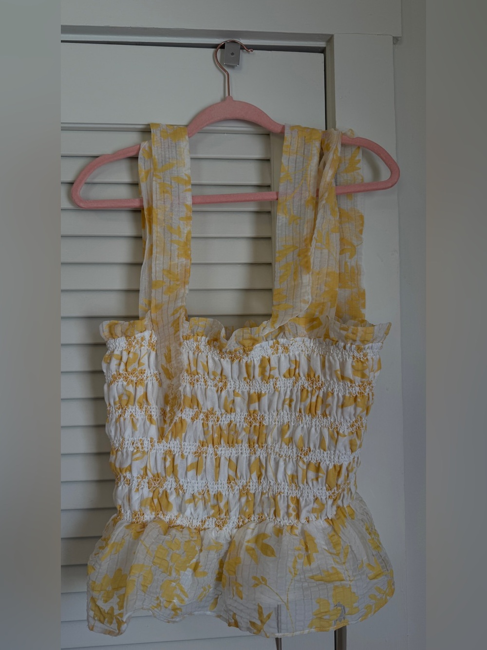 Yellow Floral Smocked Peplum Tank Top Tie Sleeves